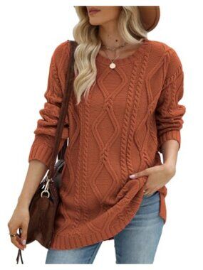 Plus Size Cable Knit Pullover Sweater Long Sleeve Crew Neck Tunic